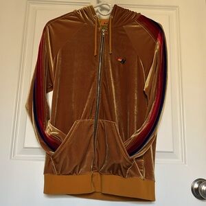 RARE Aviator Nation Velvet Full Zip Hoodie (Unisex Small, Gold w/racing stripes)